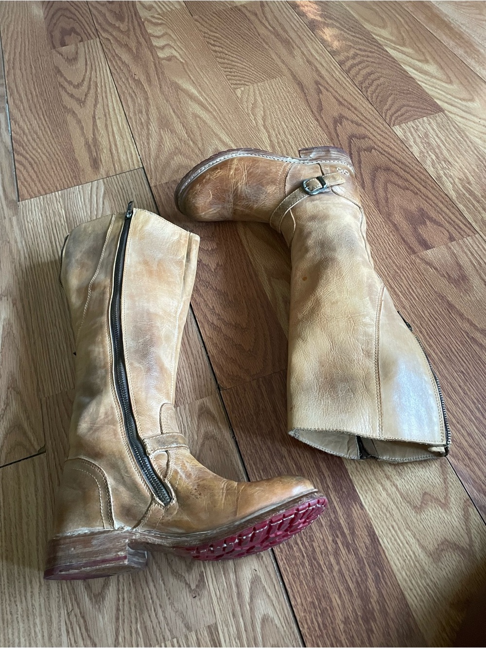 Bed Stu Tan Leather Mid-Calf Boots with Red Soles
